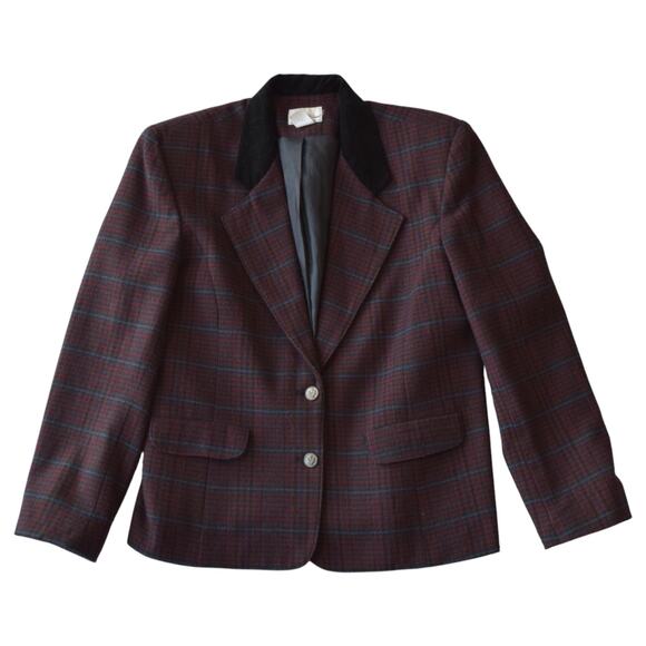 Vintage Burgundy Plaid Wool Blend Blazer with Velvet Collar, Size Medium - Picture 1 of 5